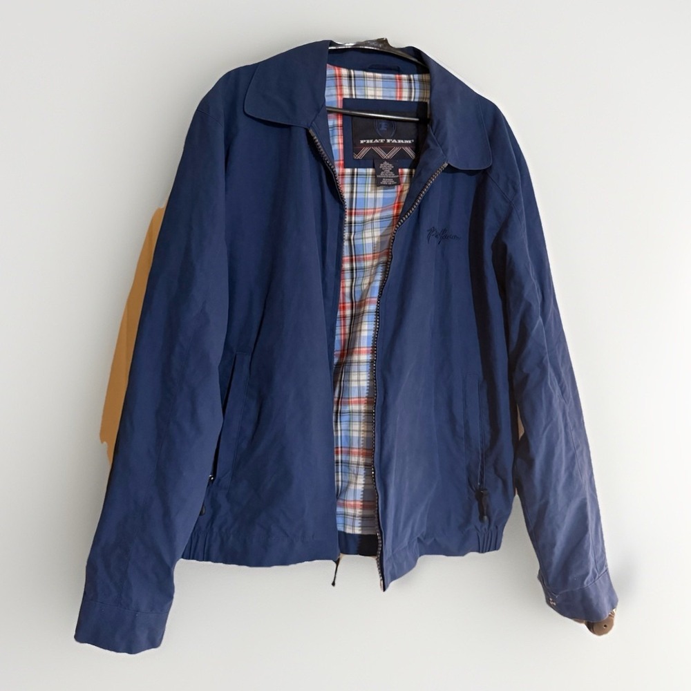 Vtg 90s Phat Farm Harrington Jacket XL Navy Blue Plaid Lined Windbreaker Bomber